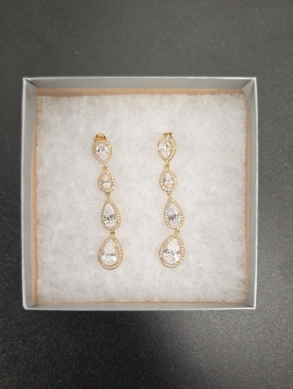 Gold and Clear Teardrop Dangle Earrings - Elegant Women’s Jewelry - Picture 2 of 2